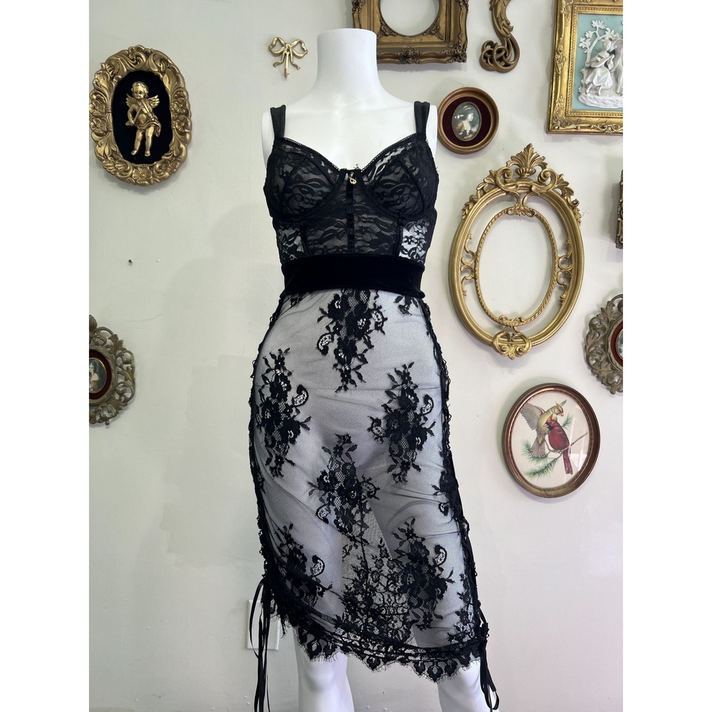 Dreamgirl Black Lace Mesh Velvet Trim Corset Style Slip Midi Dress Sz Medium NWT